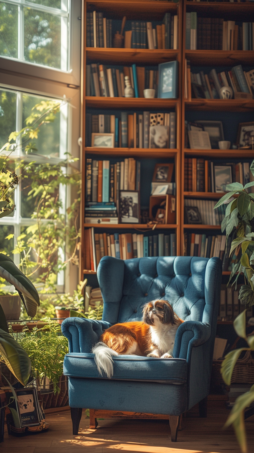 Cozy Blue Armchair with Bookcase and Dogs for Stock Photo